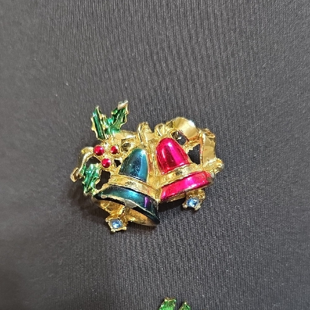 Vintage Christmas Bell Brooch And Reindeer Brooch